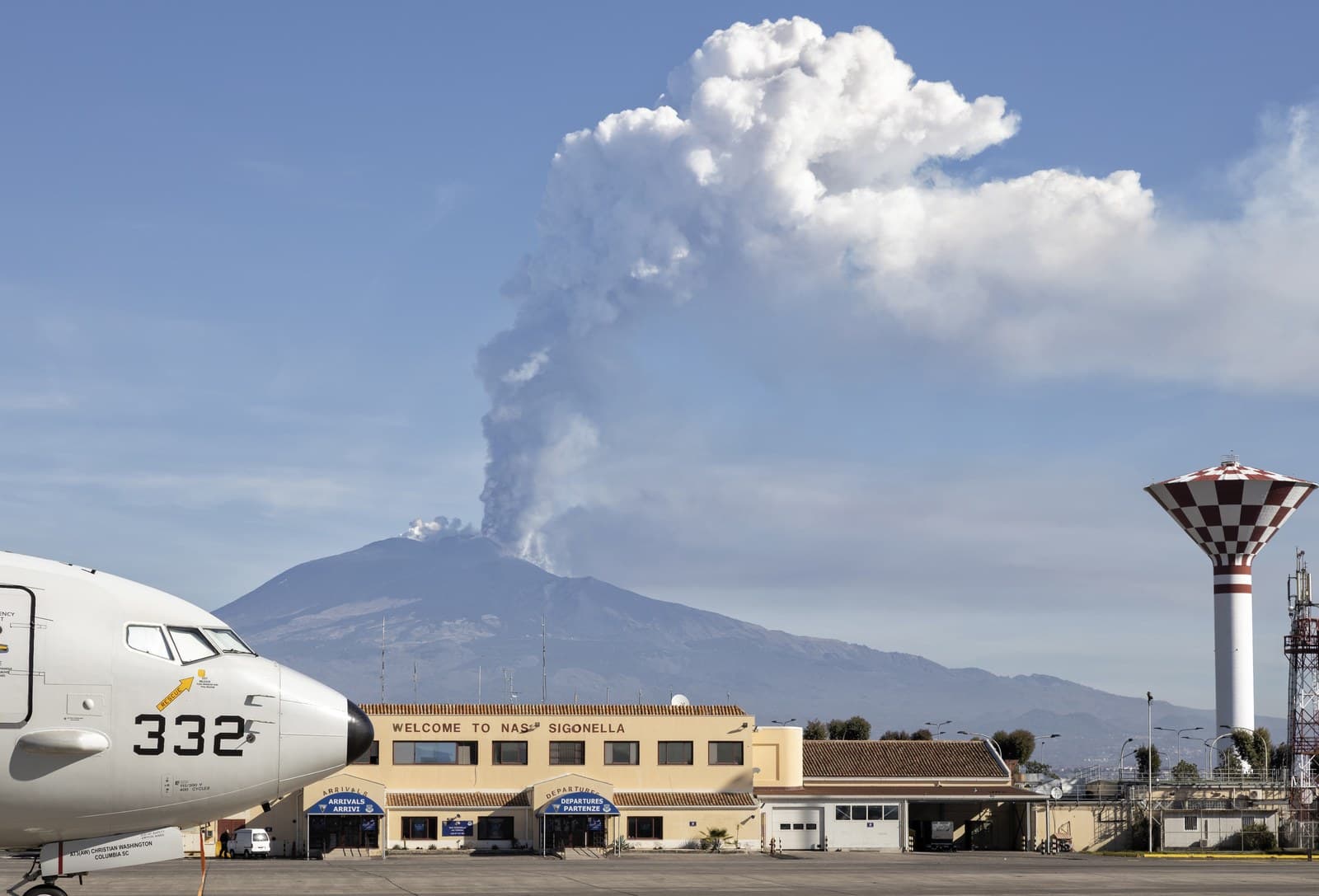 The NAS Sigonella passenger terminal, with Mount Etna in the background.