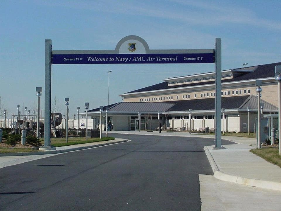 Navy/AMC air terminal entrance at Naval Station Norfolk, Virginia.