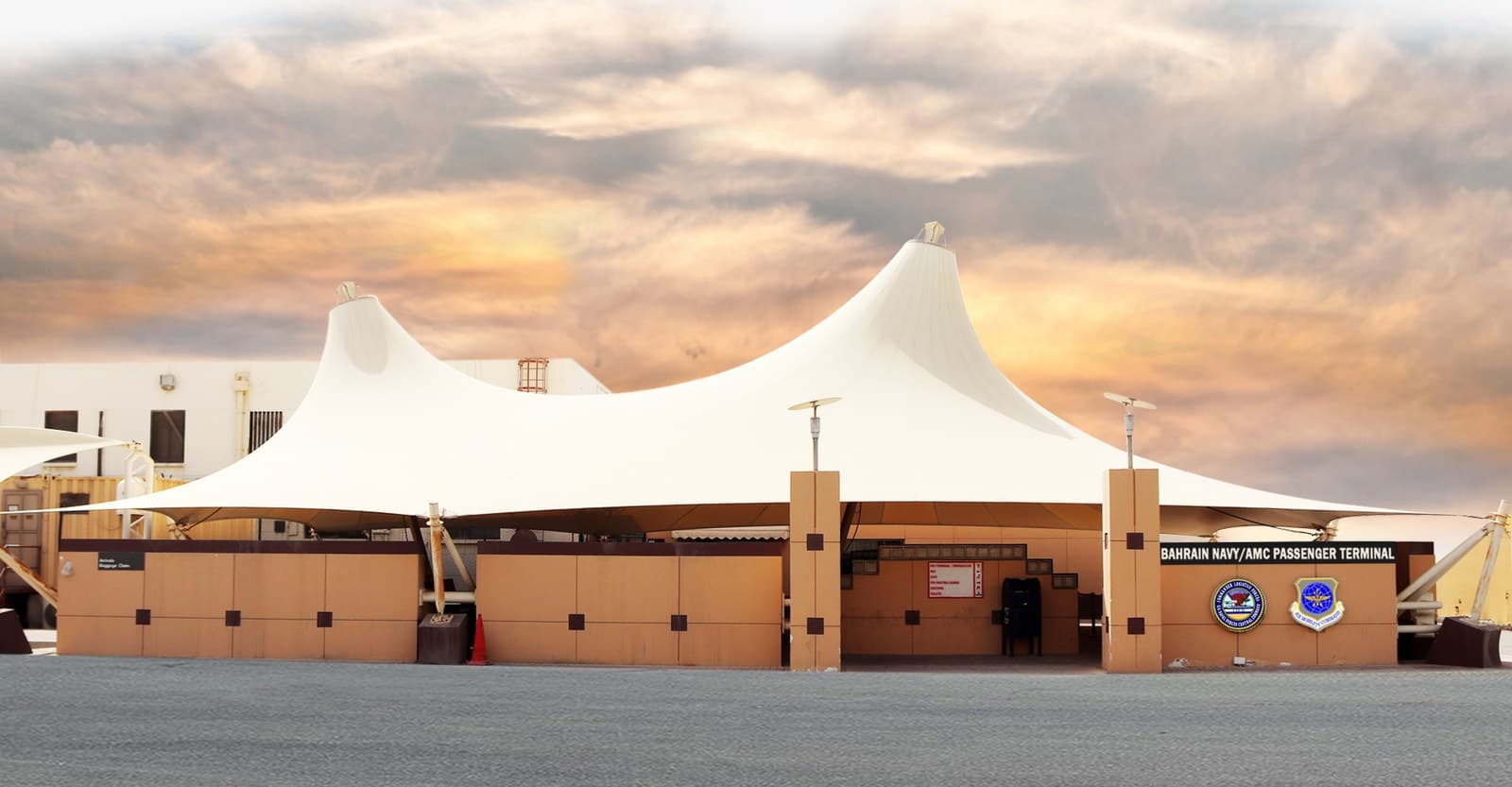 The tent-roof Bahrain Navy/AMC passenger terminal, Naval Support Activity Bahrain.