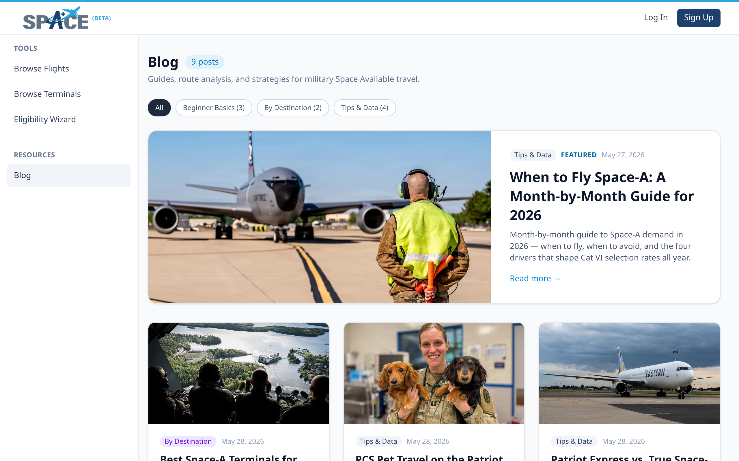Blog index with category chips, a featured "When to Fly Space-A" hero post, and a grid of recent posts.