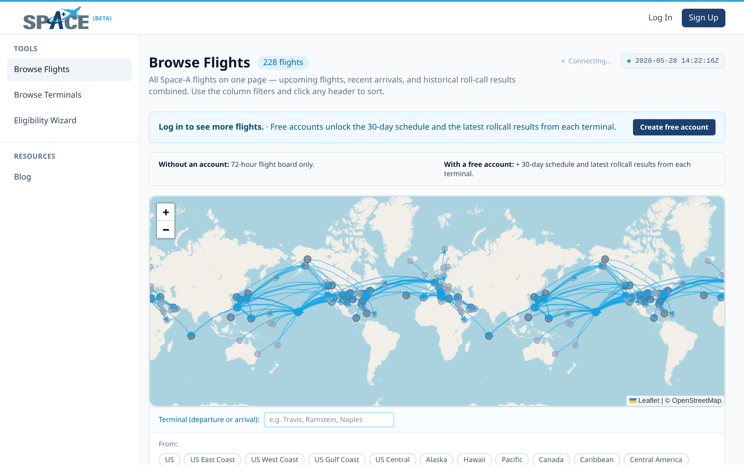 Browse Flights page: interactive world map of terminals + region chips + filterable table.