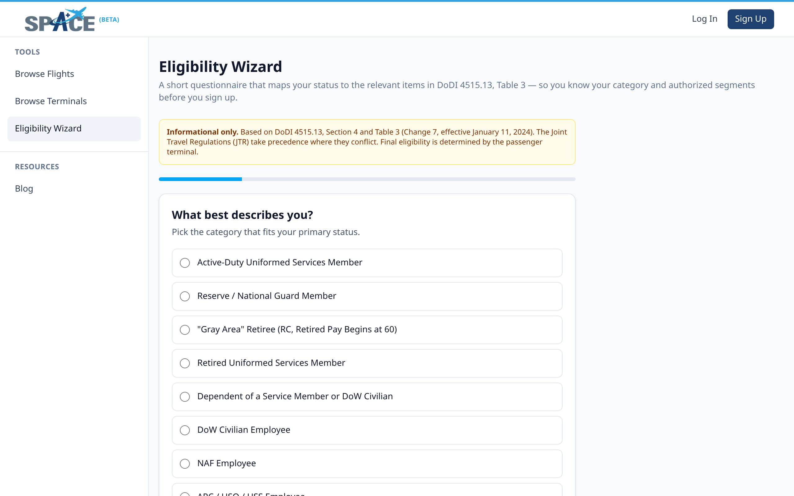 Eligibility Wizard with the "What best describes you?" status picker.