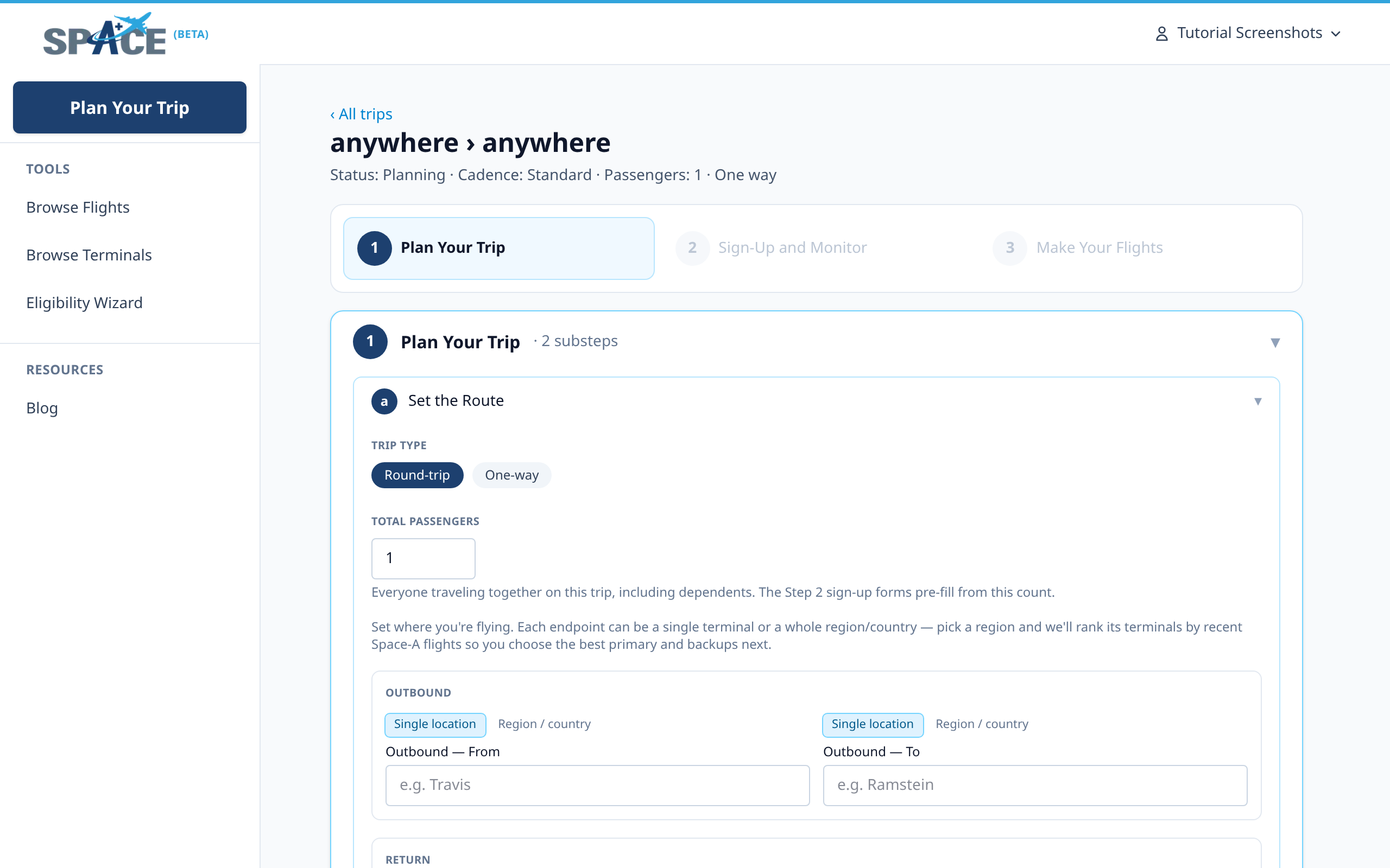 Trip planner with the Plan Your Trip stepper, trip-type toggle, passenger count, and outbound location pickers.