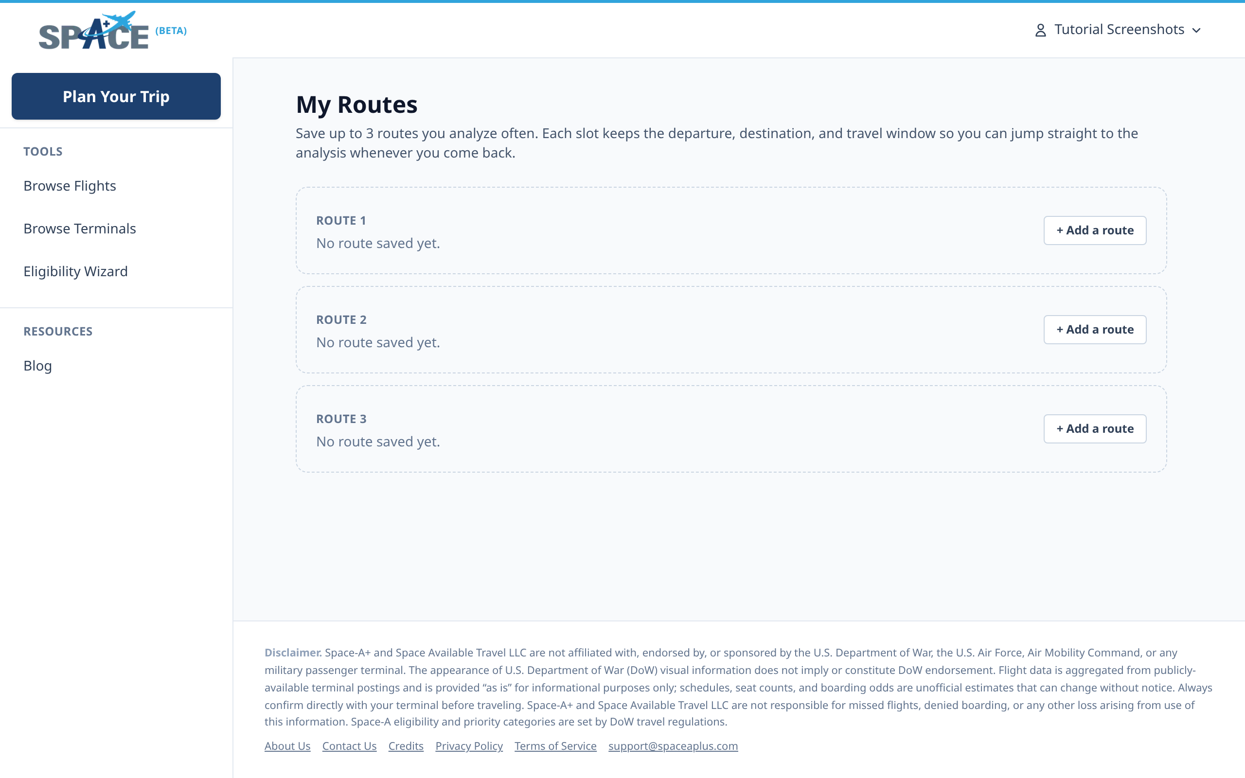 My Routes page with three empty saved-route slots, each with an "Add a route" button.