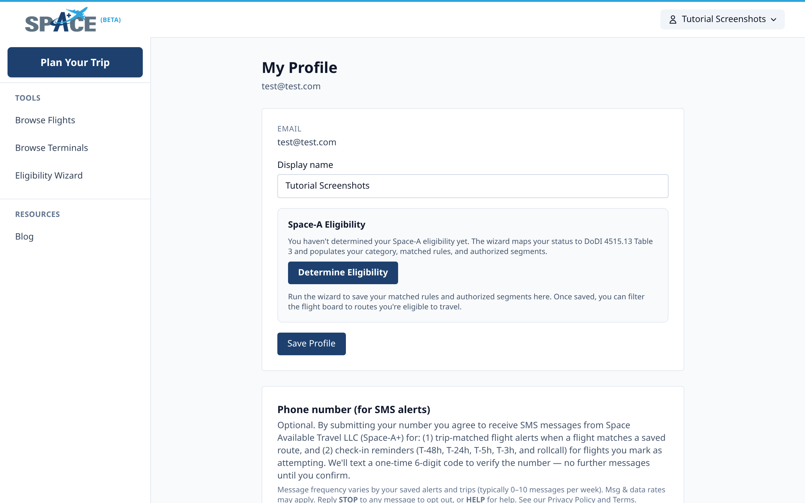 My Profile / Alerts page with email, display name, Space-A Eligibility CTA, and the SMS phone-number opt-in.