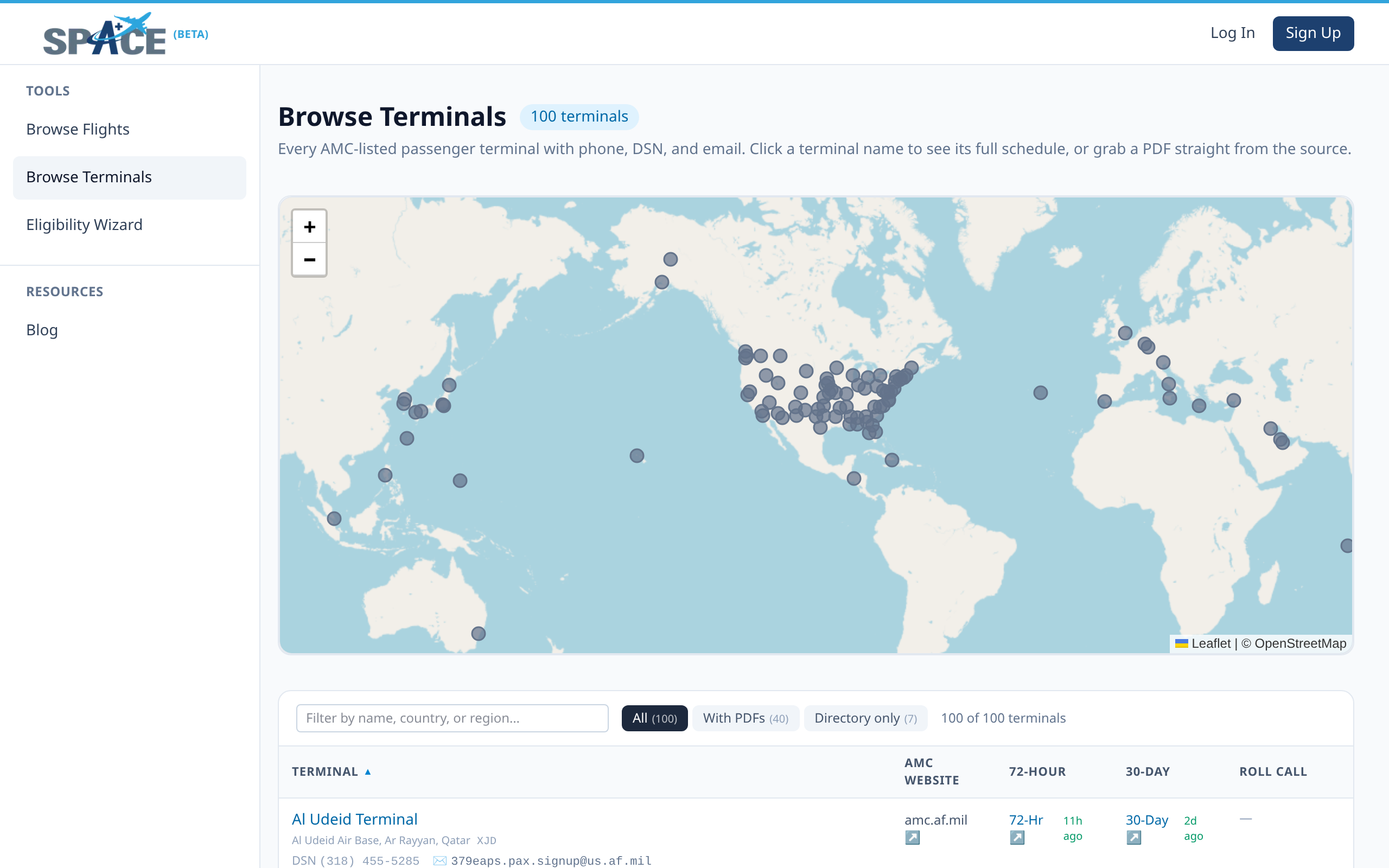 Browse Terminals directory: world map of every AMC passenger terminal plus a filterable list with phone, DSN, and direct links to 72-hour / 30-day / roll-call views.